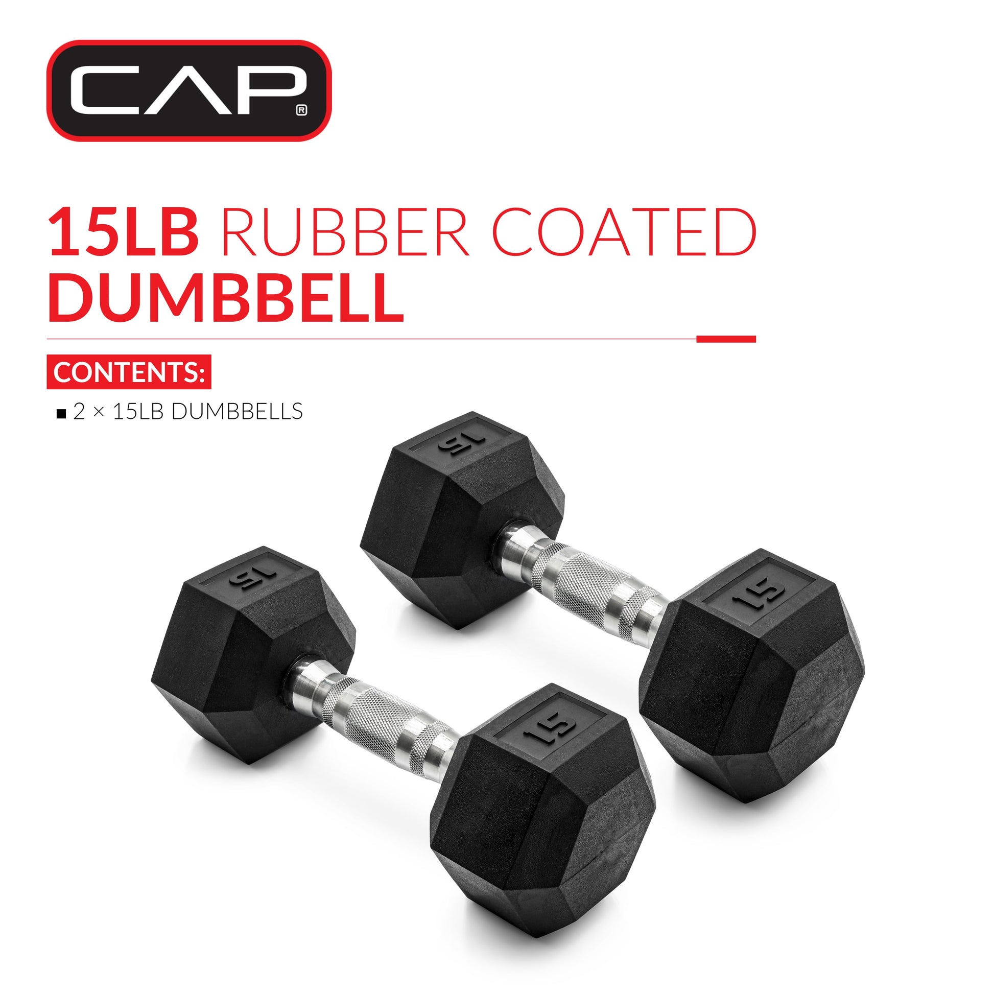 Barbell, 15Lb Coated Rubber Hex Dumbbell, Pair