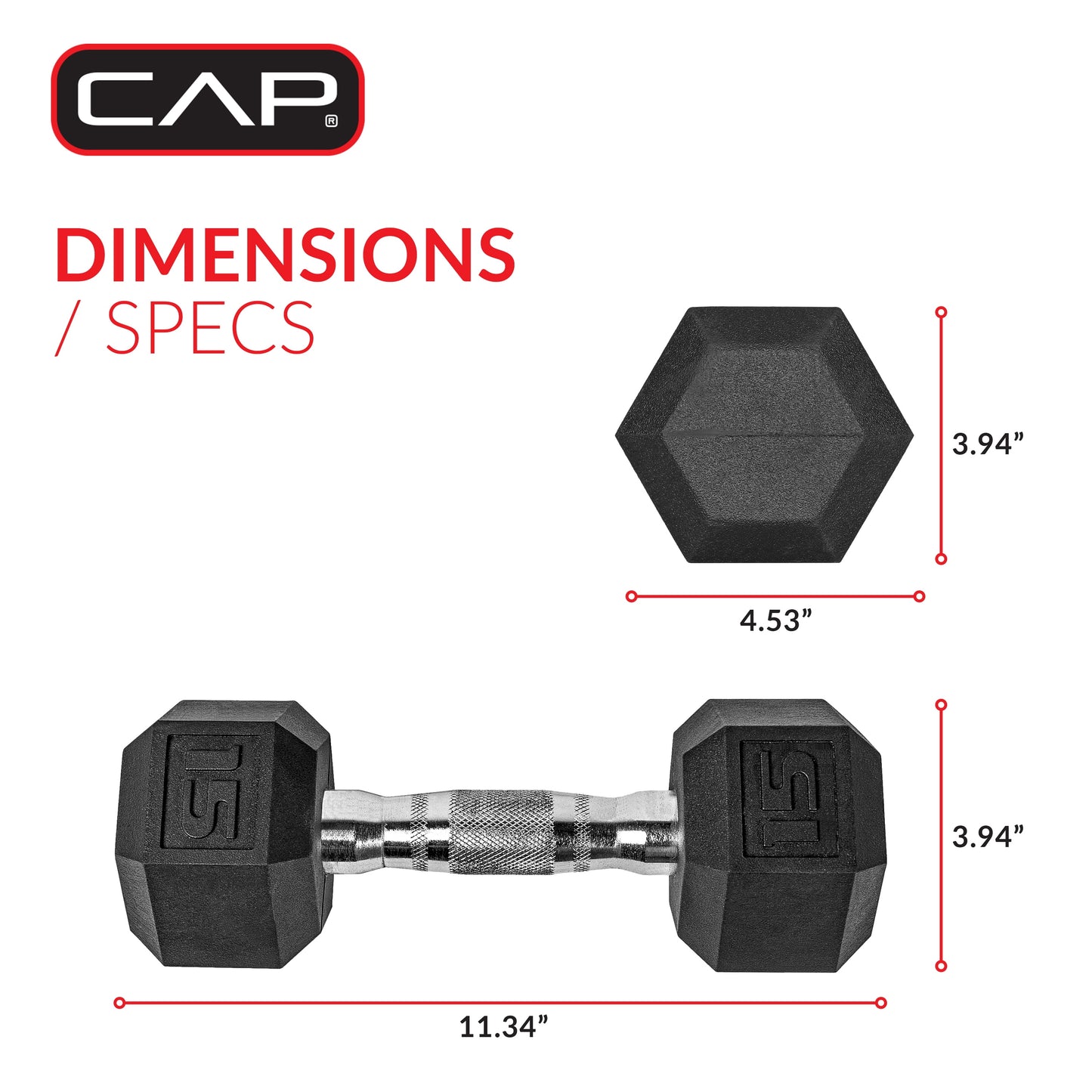 Barbell, 15Lb Coated Rubber Hex Dumbbell, Pair