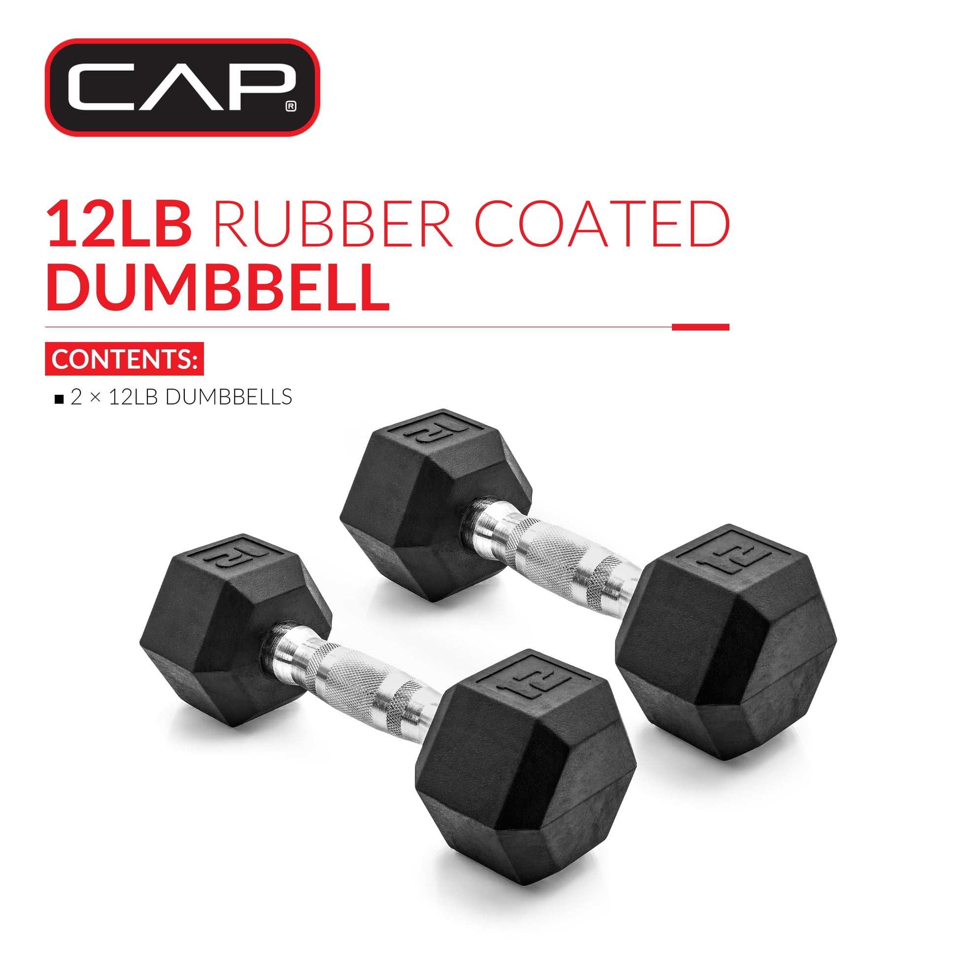 Barbell, 12Lb Coated Rubber Hex Dumbbell, Pair